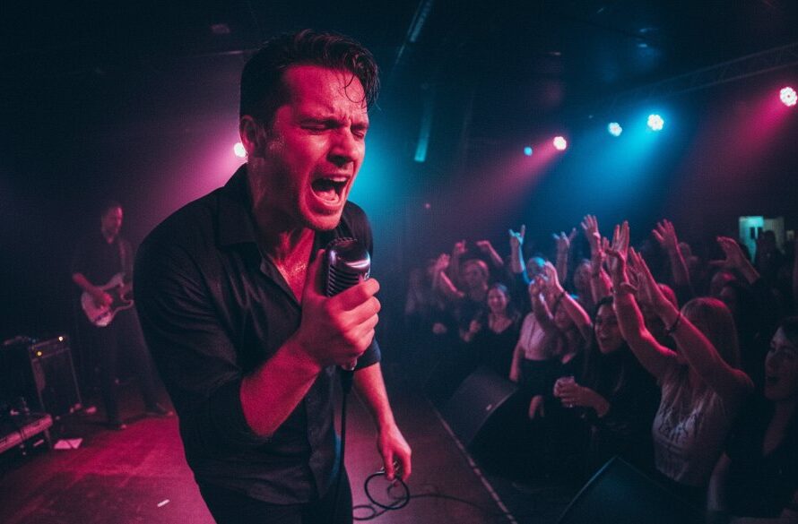 A dynamic, wide-angle shot of a lead guitarist shredding on stage in a dimly lit, vibrant Belmont Victoria live music venue, audience hands raised, capturing the raw energy and excitement of emerging artists through professional photography.