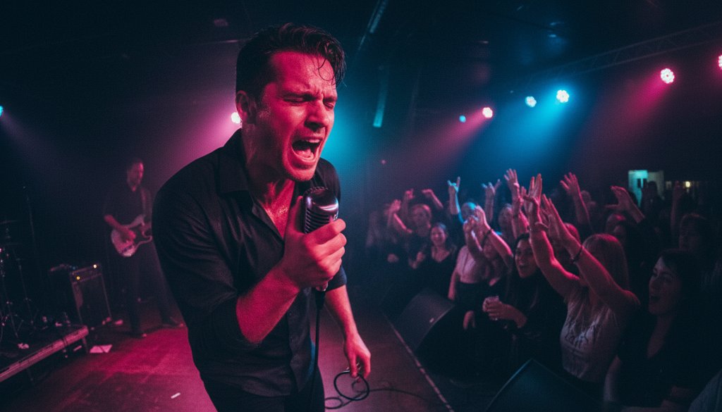 A dynamic, wide-angle shot of a lead guitarist shredding on stage in a dimly lit, vibrant Belmont Victoria live music venue, audience hands raised, capturing the raw energy and excitement of emerging artists through professional photography.