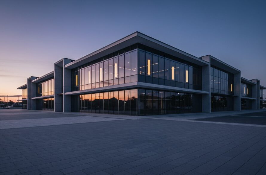 An epic, dramatic wide-angle shot showcasing the sleek lines and innovative design of a contemporary building in Belmont, Victoria, bathed in the golden hour light, expertly captured through Belmont Victoria modern architecture photography.