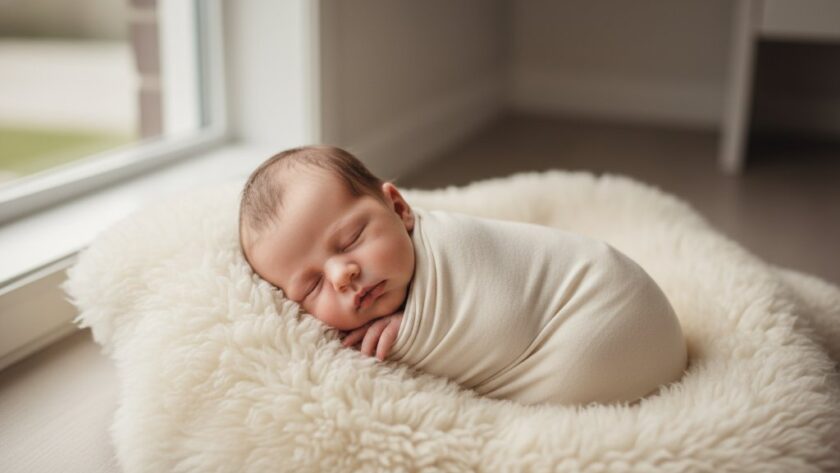 A heartwarming, professionally colour-graded 'epic moment' photograph capturing a newborn baby peacefully swaddled in soft, natural light, a perfect representation of Belmont Victoria natural light newborn photography.