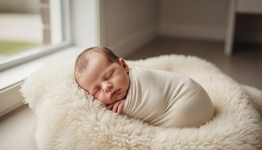 A heartwarming, professionally colour-graded 'epic moment' photograph capturing a newborn baby peacefully swaddled in soft, natural light, a perfect representation of Belmont Victoria natural light newborn photography.