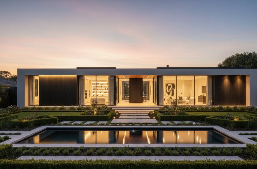 A wide-angle, twilight photograph of a modern, luxury home in Belmont, Victoria, showcasing its beautifully lit interior and manicured garden with a sparkling swimming pool, emphasizing Belmont Victoria premium property photography showcasing luxury at its best.