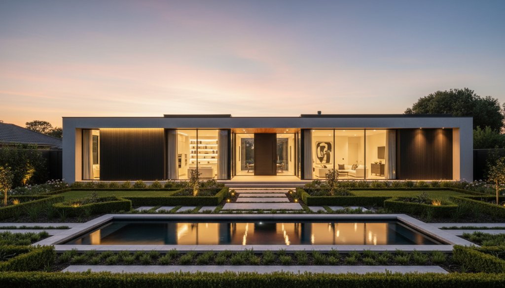 A wide-angle, twilight photograph of a modern, luxury home in Belmont, Victoria, showcasing its beautifully lit interior and manicured garden with a sparkling swimming pool, emphasizing Belmont Victoria premium property photography showcasing luxury at its best.