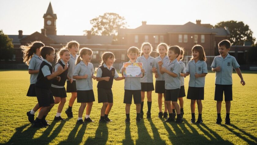 A heartwarming, epic moment captured: a diverse group of primary school children in Belmont, Victoria, joyfully posing for Belmont Victoria primary school photography portraits on the school oval, bathed in warm, late afternoon sunlight, showcasing their genuine smiles and friendship.