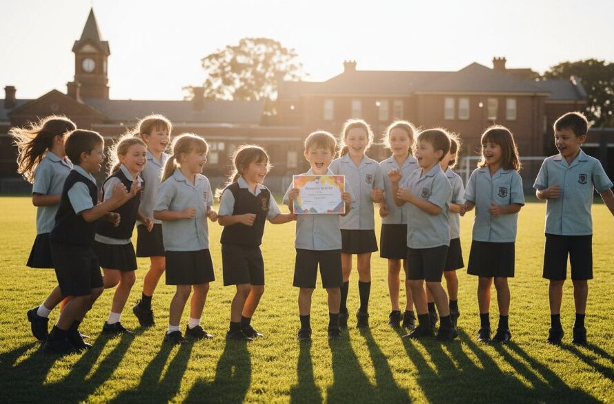 A heartwarming, epic moment captured: a diverse group of primary school children in Belmont, Victoria, joyfully posing for Belmont Victoria primary school photography portraits on the school oval, bathed in warm, late afternoon sunlight, showcasing their genuine smiles and friendship.