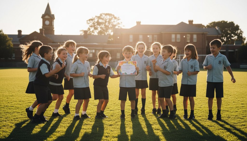 A heartwarming, epic moment captured: a diverse group of primary school children in Belmont, Victoria, joyfully posing for Belmont Victoria primary school photography portraits on the school oval, bathed in warm, late afternoon sunlight, showcasing their genuine smiles and friendship.