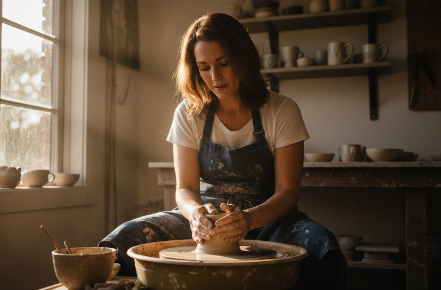 A dynamic wide-angle shot of a passionate female small business owner in Belmont, Victoria, presenting her artisanal products with a genuine smile inside a beautifully lit cafe near High Street, capturing the essence of Belmont Victoria professional branding photography. Golden hour light streams through a window, highlighting her face and products with a soft, cinematic glow. The composition features a shallow depth of field, drawing attention to her and her creations, embodying an epic moment of connection and brand storytelling.