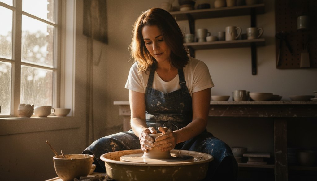 A dynamic wide-angle shot of a passionate female small business owner in Belmont, Victoria, presenting her artisanal products with a genuine smile inside a beautifully lit cafe near High Street, capturing the essence of Belmont Victoria professional branding photography. Golden hour light streams through a window, highlighting her face and products with a soft, cinematic glow. The composition features a shallow depth of field, drawing attention to her and her creations, embodying an epic moment of connection and brand storytelling.