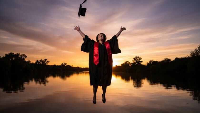 An epic moment of a jubilant graduate in cap and gown, celebrating success against the scenic Barwon River in Belmont, Victoria, for professional graduation photos.