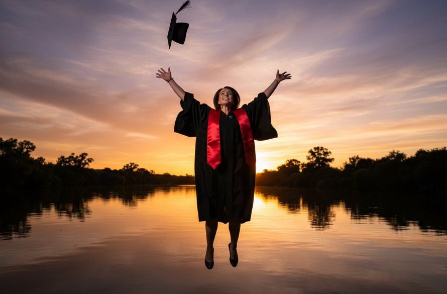 An epic moment of a jubilant graduate in cap and gown, celebrating success against the scenic Barwon River in Belmont, Victoria, for professional graduation photos.
