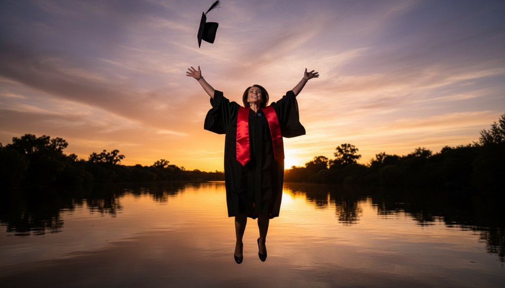 An epic moment of a jubilant graduate in cap and gown, celebrating success against the scenic Barwon River in Belmont, Victoria, for professional graduation photos.