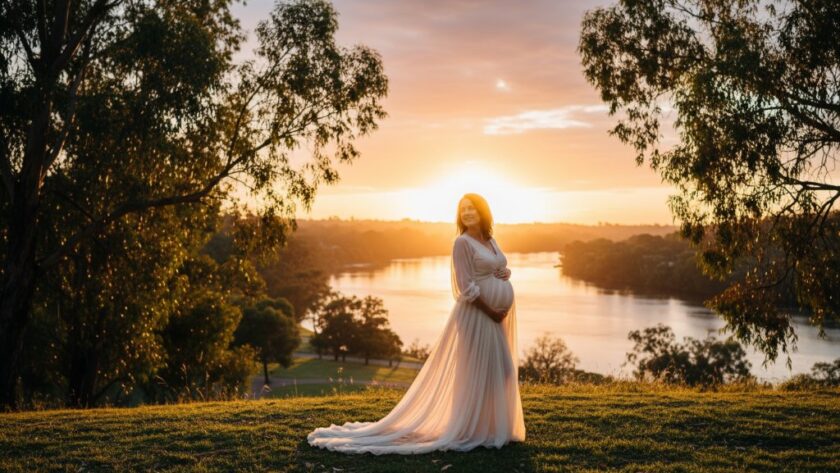 A stunning, professional photograph capturing a serene expectant mother in an epic moment during her Belmont Victoria serene outdoor maternity portraits session at golden hour, overlooking the Barwon River, bathed in dramatic, soft light.