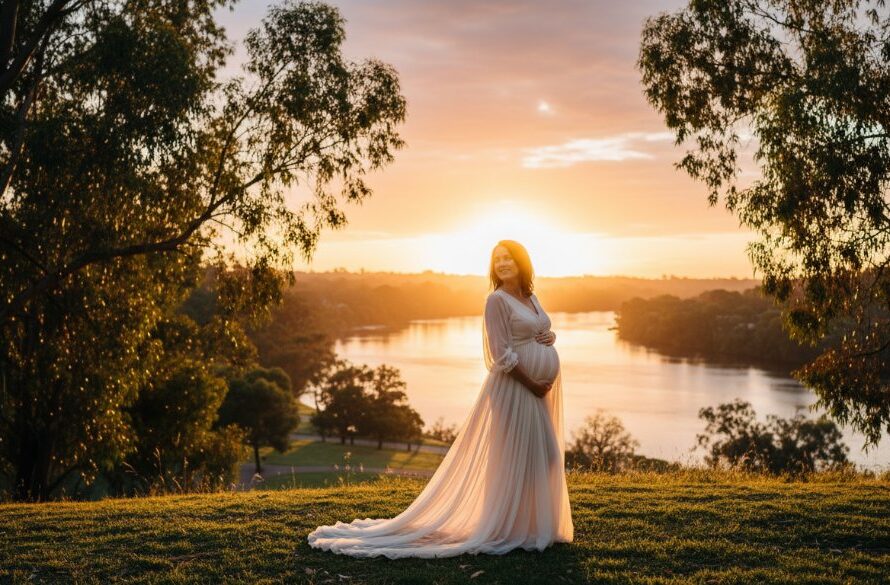 A stunning, professional photograph capturing a serene expectant mother in an epic moment during her Belmont Victoria serene outdoor maternity portraits session at golden hour, overlooking the Barwon River, bathed in dramatic, soft light.