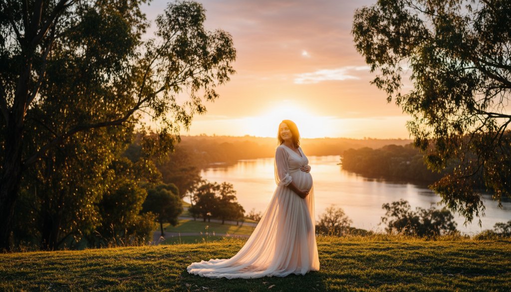 A stunning, professional photograph capturing a serene expectant mother in an epic moment during her Belmont Victoria serene outdoor maternity portraits session at golden hour, overlooking the Barwon River, bathed in dramatic, soft light.