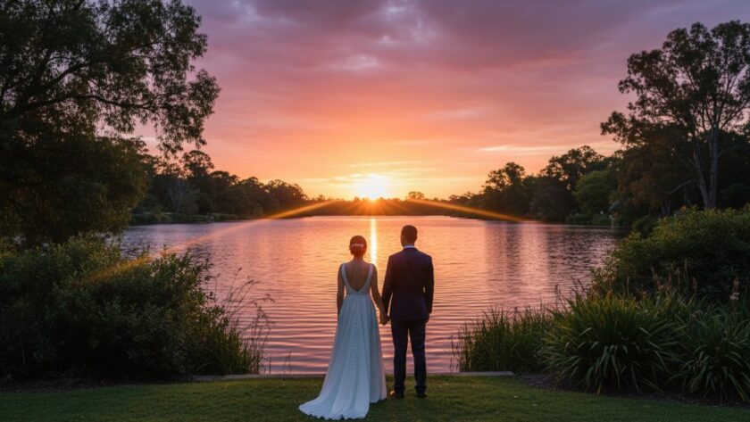 A vibrant, professionally colour-graded photograph of a newly married couple joyfully walking hand-in-hand through the lush, sun-dappled pathways of the Benalla Botanic Gardens, showcasing beautiful, romantic Benalla Botanic Gardens wedding photography.