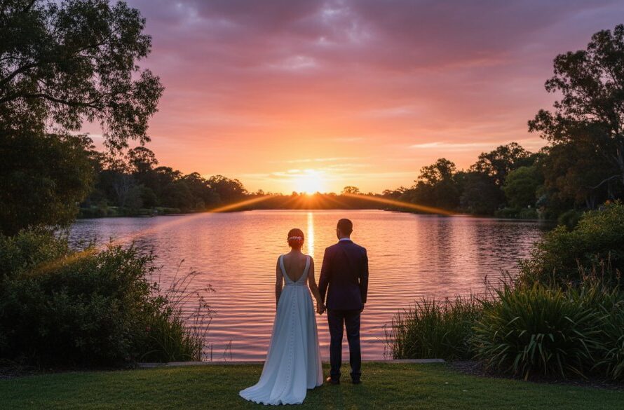A vibrant, professionally colour-graded photograph of a newly married couple joyfully walking hand-in-hand through the lush, sun-dappled pathways of the Benalla Botanic Gardens, showcasing beautiful, romantic Benalla Botanic Gardens wedding photography.