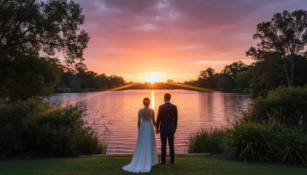 A vibrant, professionally colour-graded photograph of a newly married couple joyfully walking hand-in-hand through the lush, sun-dappled pathways of the Benalla Botanic Gardens, showcasing beautiful, romantic Benalla Botanic Gardens wedding photography.