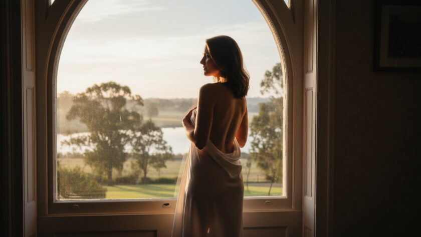 A captivating black and white portrait from a Benalla Boudoir Photography for Self-Love session, featuring a woman softly illuminated by window light, her expression serene and confident, celebrating her authentic beauty.