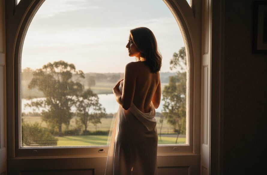 A captivating black and white portrait from a Benalla Boudoir Photography for Self-Love session, featuring a woman softly illuminated by window light, her expression serene and confident, celebrating her authentic beauty.