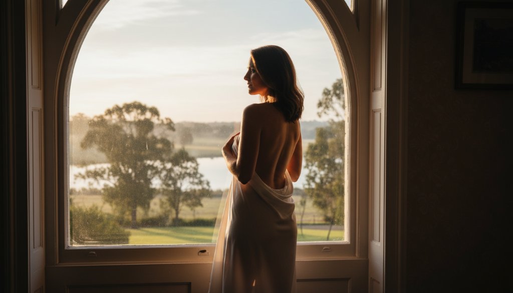 A captivating black and white portrait from a Benalla Boudoir Photography for Self-Love session, featuring a woman softly illuminated by window light, her expression serene and confident, celebrating her authentic beauty.