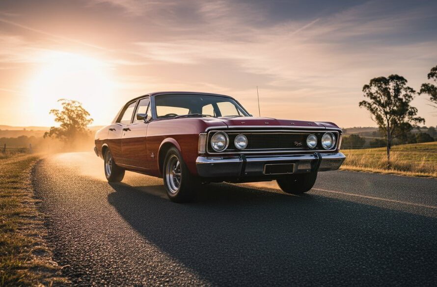 A meticulously restored classic muscle car, gleaming under the golden hour sun, parked strategically near the Benalla Botanical Gardens with its owner admiring the vehicle. The dynamic shot captures the essence of a Benalla Classic Car Photoshoot Victoria, highlighting the car's intricate details and powerful presence against a soft, blurred natural backdrop, evoking a sense of pride and timeless beauty.