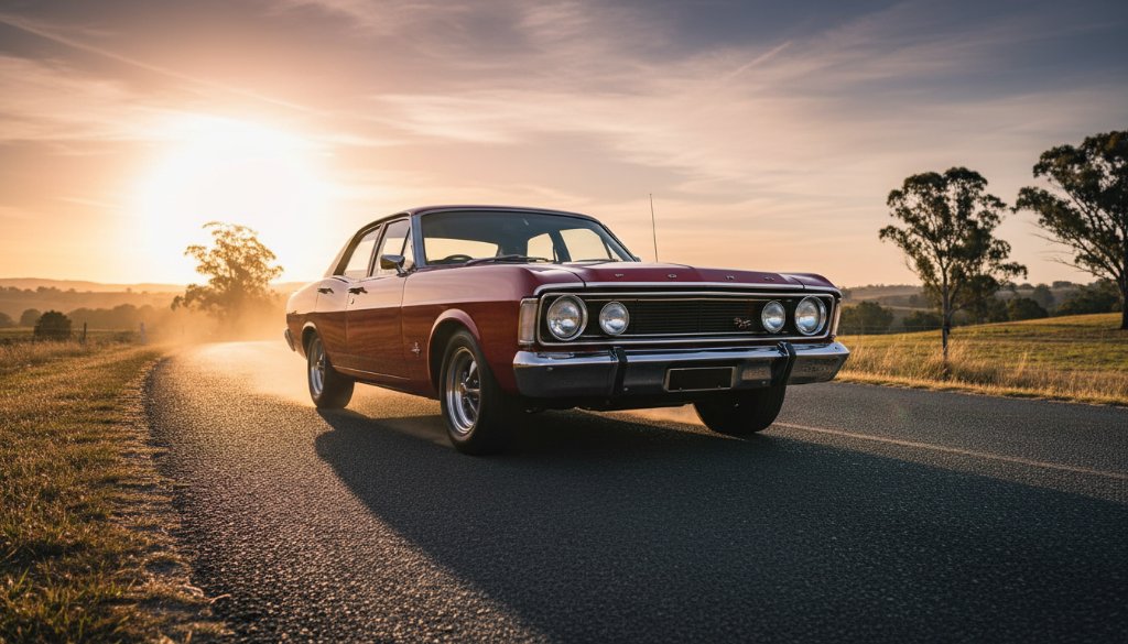 A meticulously restored classic muscle car, gleaming under the golden hour sun, parked strategically near the Benalla Botanical Gardens with its owner admiring the vehicle. The dynamic shot captures the essence of a Benalla Classic Car Photoshoot Victoria, highlighting the car's intricate details and powerful presence against a soft, blurred natural backdrop, evoking a sense of pride and timeless beauty.