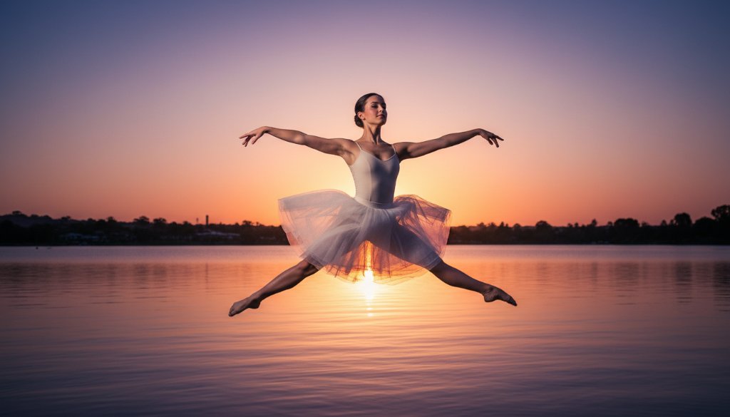 A dramatic, professionally lit photograph of a dancer mid-leap at sunset over Lake Benalla, showcasing Benalla dance photography capturing soulful movement and the raw emotion of performance.
