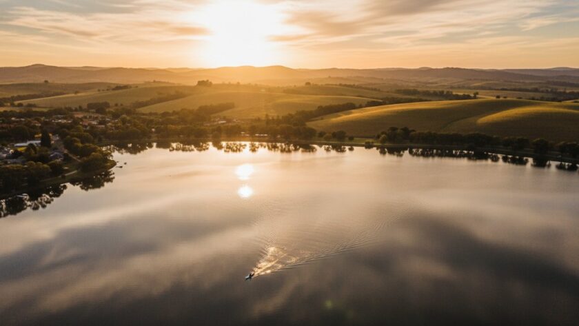 An epic aerial shot from a Benalla drone photography session capturing rural Victoria landscapes, featuring a golden sunset over Lake Benalla with rolling hills in the background and a lone kayaker. The scene is bathed in warm, dramatic light, showcasing the serene beauty of the region.