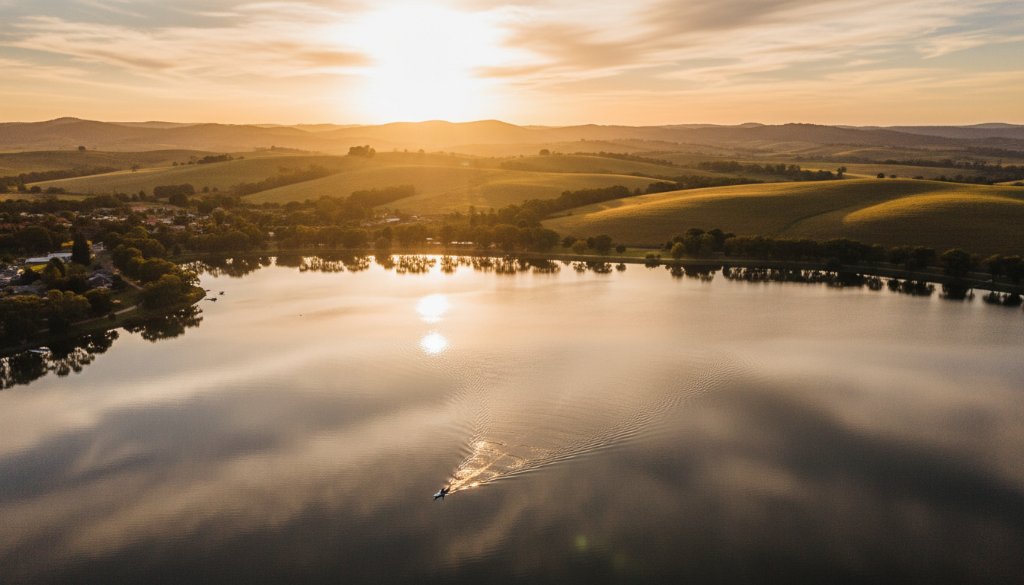 An epic aerial shot from a Benalla drone photography session capturing rural Victoria landscapes, featuring a golden sunset over Lake Benalla with rolling hills in the background and a lone kayaker. The scene is bathed in warm, dramatic light, showcasing the serene beauty of the region.
