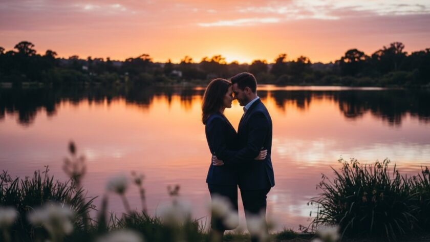 An epic moment of a couple embracing passionately at sunset, with the stunning Benalla Botanic Gardens and Lake Benalla in the background, beautifully highlighting their Benalla engagement photography at Benalla Botanic Gardens.