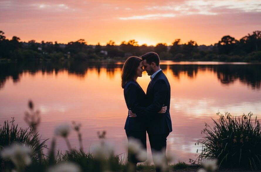 An epic moment of a couple embracing passionately at sunset, with the stunning Benalla Botanic Gardens and Lake Benalla in the background, beautifully highlighting their Benalla engagement photography at Benalla Botanic Gardens.