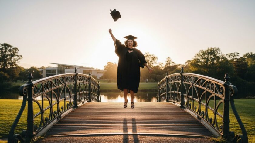 An epic wide-angle photograph capturing a graduating student in Benalla joyfully tossing their cap high above the iconic Lake Benalla foreshore at sunset, with golden light illuminating their Benalla graduation photography cherished moments.