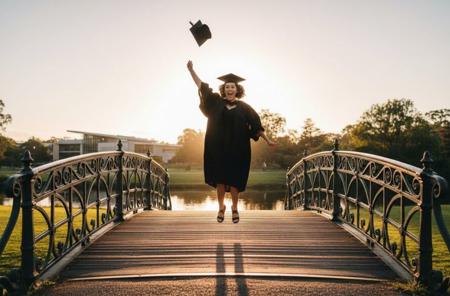 An epic wide-angle photograph capturing a graduating student in Benalla joyfully tossing their cap high above the iconic Lake Benalla foreshore at sunset, with golden light illuminating their Benalla graduation photography cherished moments.