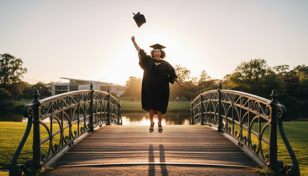 An epic wide-angle photograph capturing a graduating student in Benalla joyfully tossing their cap high above the iconic Lake Benalla foreshore at sunset, with golden light illuminating their Benalla graduation photography cherished moments.