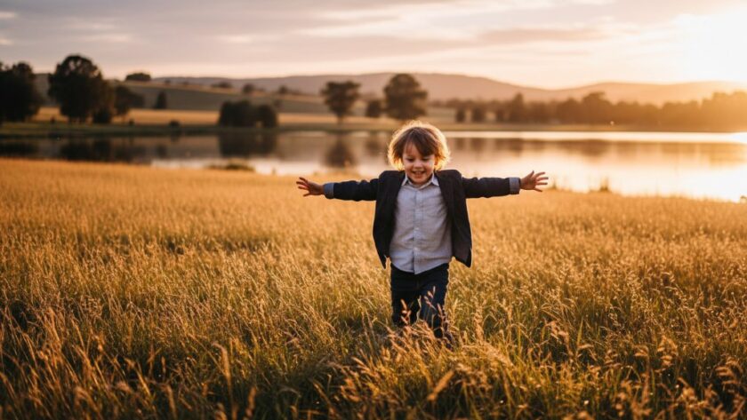 An epic moment of Benalla kids photography capturing joyful childhood, showing a child joyfully running through golden light at sunset near Lake Benalla, with laughter and warmth.