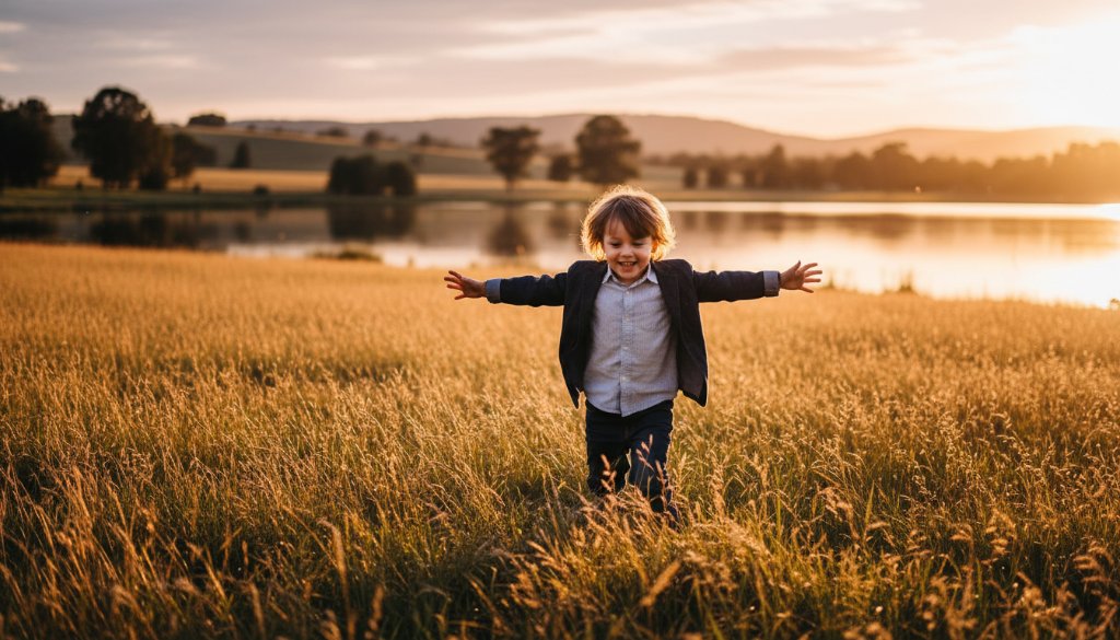 An epic moment of Benalla kids photography capturing joyful childhood, showing a child joyfully running through golden light at sunset near Lake Benalla, with laughter and warmth.