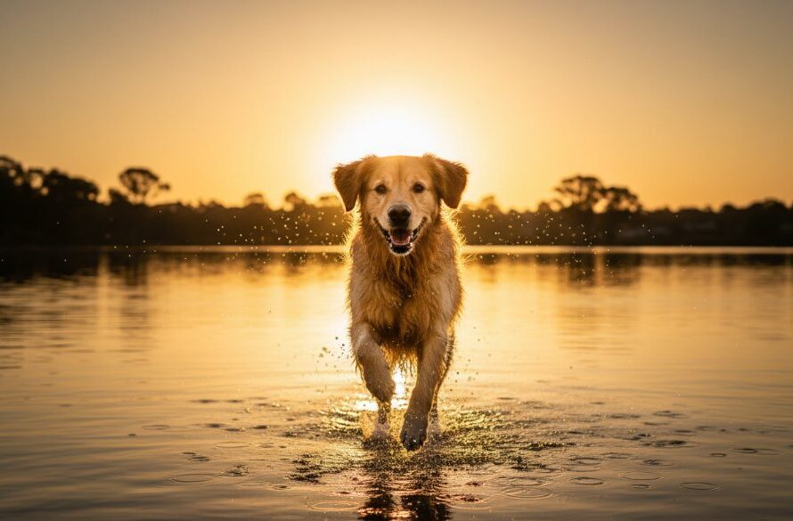 A majestic golden retriever joyfully leaping through the golden light near Lake Benalla, showcasing Benalla lakeside pet portraits vibrant. The dog is silhouetted against a breathtaking sunset, captured with professional dramatic lighting and color grading, embodying an epic moment of freedom and happiness.