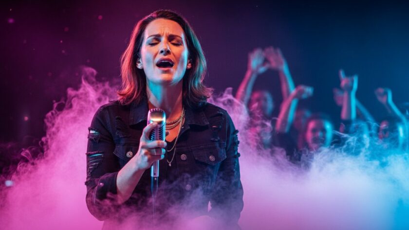 A Benalla live music event photography specialists' shot: a lead vocalist, bathed in dramatic red and blue stage lights, passionately singing into a microphone, with blurred, cheering crowd silhouettes in the background, capturing an epic, high-energy moment.