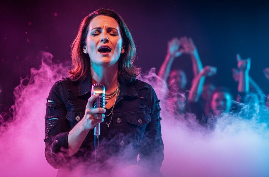 A Benalla live music event photography specialists' shot: a lead vocalist, bathed in dramatic red and blue stage lights, passionately singing into a microphone, with blurred, cheering crowd silhouettes in the background, capturing an epic, high-energy moment.
