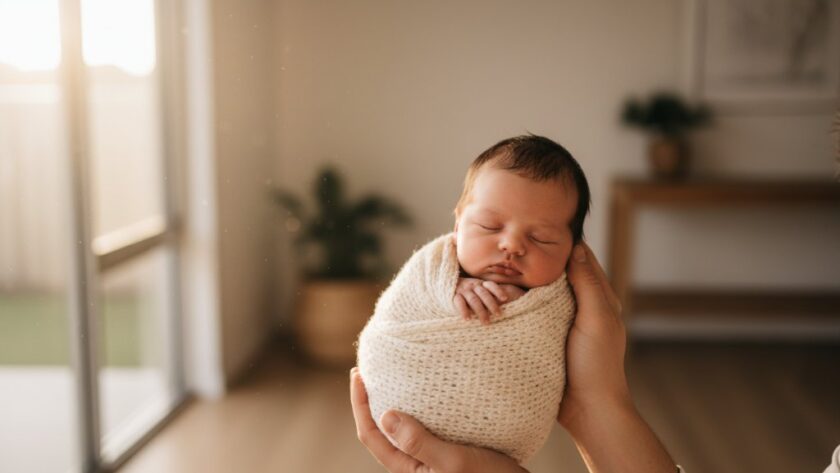 A breathtaking wide shot of a tiny newborn sleeping peacefully in a soft, natural wrap, held gently in a parent's hands, bathed in warm, ethereal light inside a beautifully styled Benalla home, capturing Benalla newborn photography gentle portraits Victoria with artistic depth and emotion.