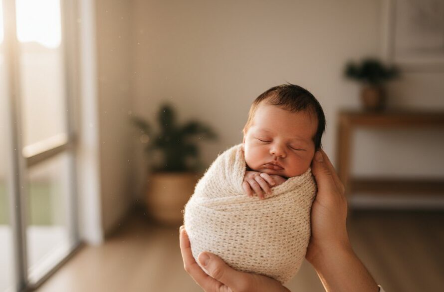 A breathtaking wide shot of a tiny newborn sleeping peacefully in a soft, natural wrap, held gently in a parent's hands, bathed in warm, ethereal light inside a beautifully styled Benalla home, capturing Benalla newborn photography gentle portraits Victoria with artistic depth and emotion.