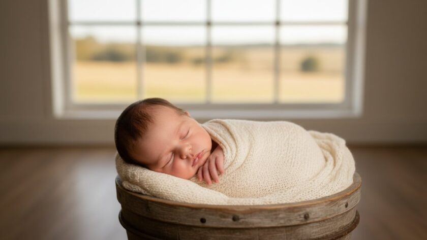 A heartwarming and intimate Benalla newborn photography timeless portraits Victoria moment, featuring a peacefully sleeping baby wrapped in soft cream fabric, nestled in a vintage wooden basket bathed in natural, golden afternoon light from a nearby window, evoking a serene and cherished memory.
