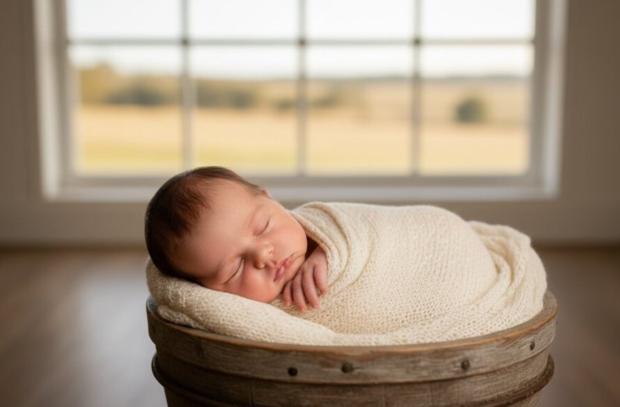 A heartwarming and intimate Benalla newborn photography timeless portraits Victoria moment, featuring a peacefully sleeping baby wrapped in soft cream fabric, nestled in a vintage wooden basket bathed in natural, golden afternoon light from a nearby window, evoking a serene and cherished memory.