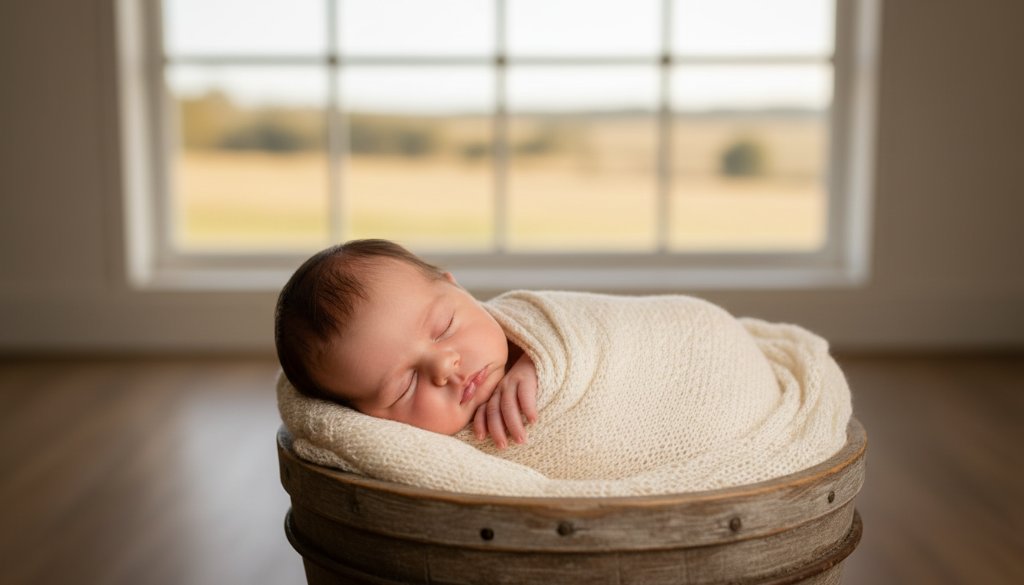 A heartwarming and intimate Benalla newborn photography timeless portraits Victoria moment, featuring a peacefully sleeping baby wrapped in soft cream fabric, nestled in a vintage wooden basket bathed in natural, golden afternoon light from a nearby window, evoking a serene and cherished memory.