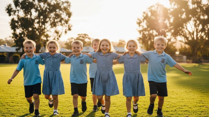 An epic moment of Benalla school photography experts capturing genuine smiles: A group of excited primary school children in their uniforms, laughing and posing naturally in front of a historic red brick building at a Benalla school, with warm afternoon sunlight creating a beautiful glow, captured with a shallow depth of field, conveying joy and connection.