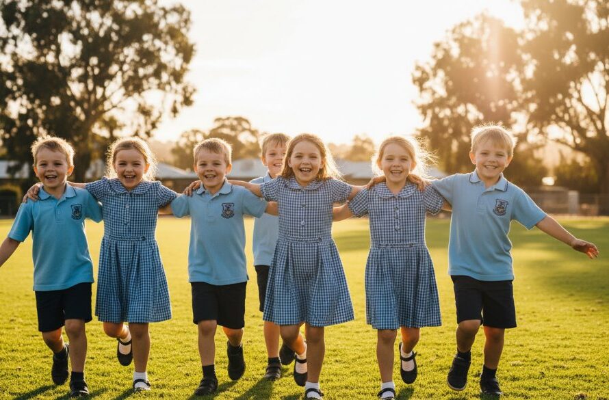An epic moment of Benalla school photography experts capturing genuine smiles: A group of excited primary school children in their uniforms, laughing and posing naturally in front of a historic red brick building at a Benalla school, with warm afternoon sunlight creating a beautiful glow, captured with a shallow depth of field, conveying joy and connection.