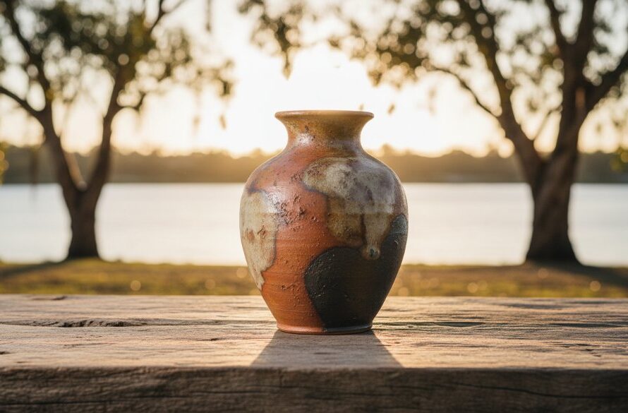 An exquisitely lit Benalla Victoria artisan product photography shot, showcasing a handcrafted ceramic bowl against a rustic wooden table with the soft, morning light of Lake Benalla filtering through, capturing intricate details and a warm, inviting atmosphere, perfect for local businesses.