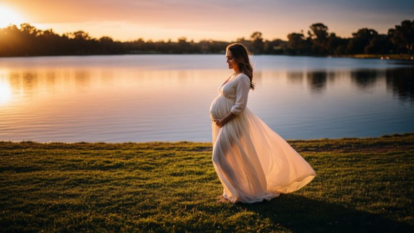 A glowing pregnant woman stands elegantly by Lake Benalla during golden hour, bathed in soft, warm light, captured through Benalla Victoria golden hour maternity photography, showcasing serene natural beauty and the anticipation of motherhood.