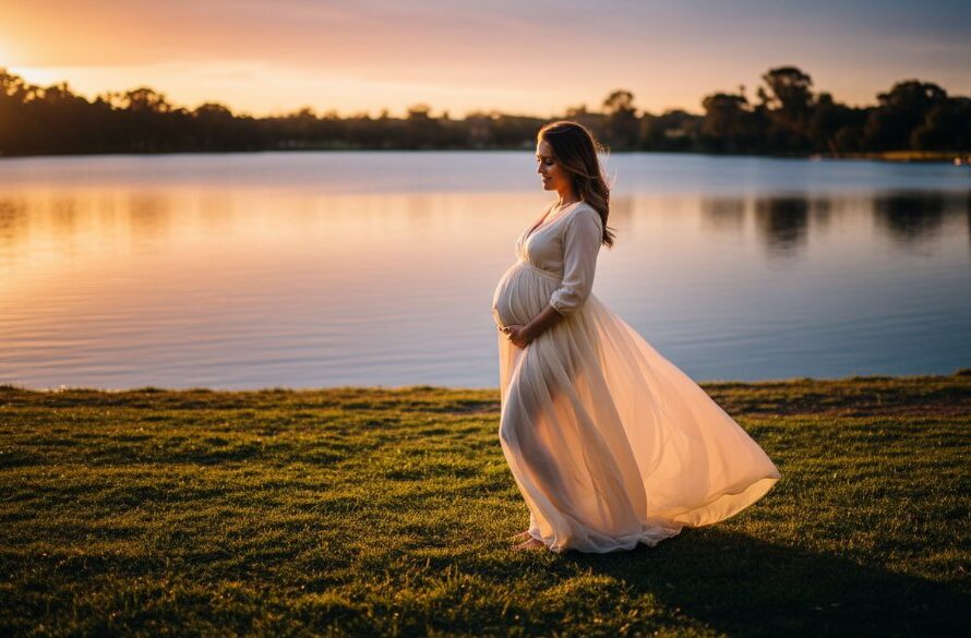 A glowing pregnant woman stands elegantly by Lake Benalla during golden hour, bathed in soft, warm light, captured through Benalla Victoria golden hour maternity photography, showcasing serene natural beauty and the anticipation of motherhood.
