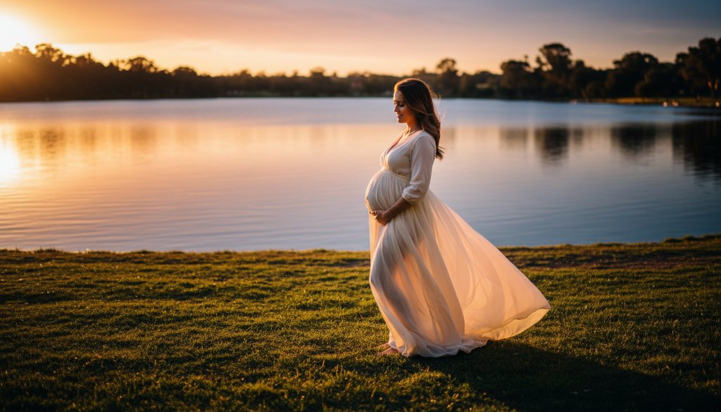 A glowing pregnant woman stands elegantly by Lake Benalla during golden hour, bathed in soft, warm light, captured through Benalla Victoria golden hour maternity photography, showcasing serene natural beauty and the anticipation of motherhood.